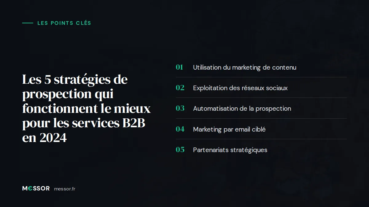Infographie : les 5 points clés de l’article « Les 5 Stratégies de Prospection qui Fonctionnent le Mieux pour les Services B2B en 2024 »