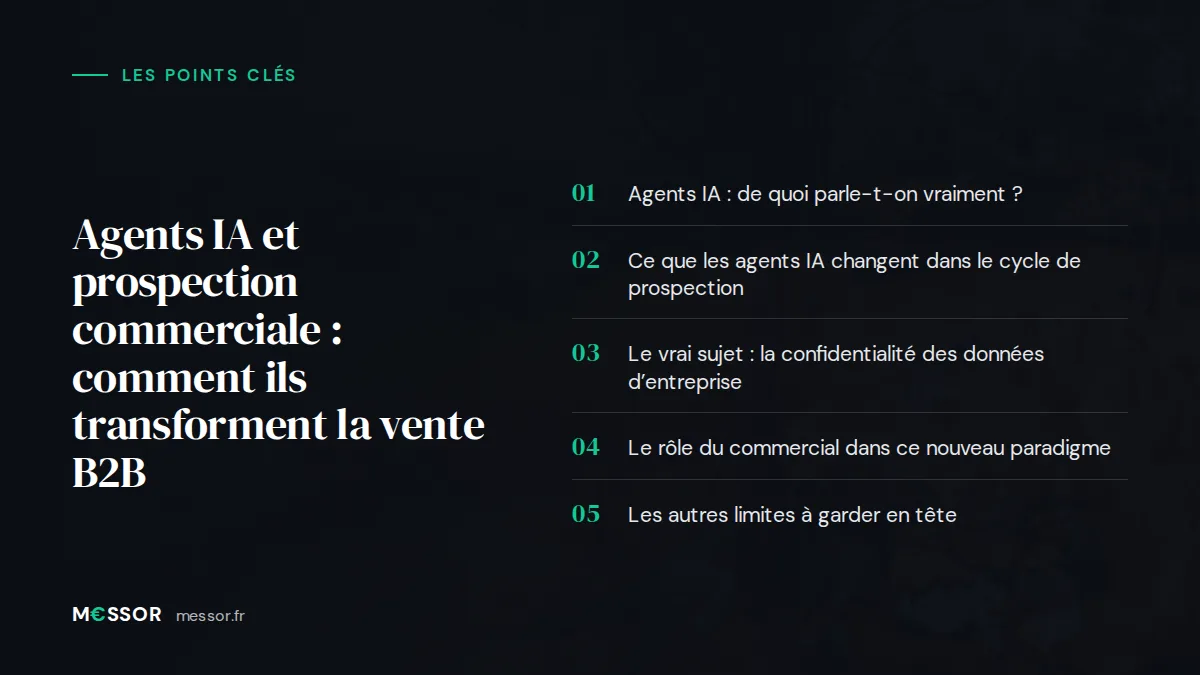 Infographie : les 5 points clés de l’article « Agents IA et prospection commerciale : comment ils transforment la vente B2B »