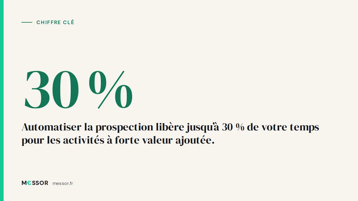 Chiffre clé : Automatiser la prospection libère jusqu’à 30 % de votre temps pour les activités à forte valeur ajoutée.
