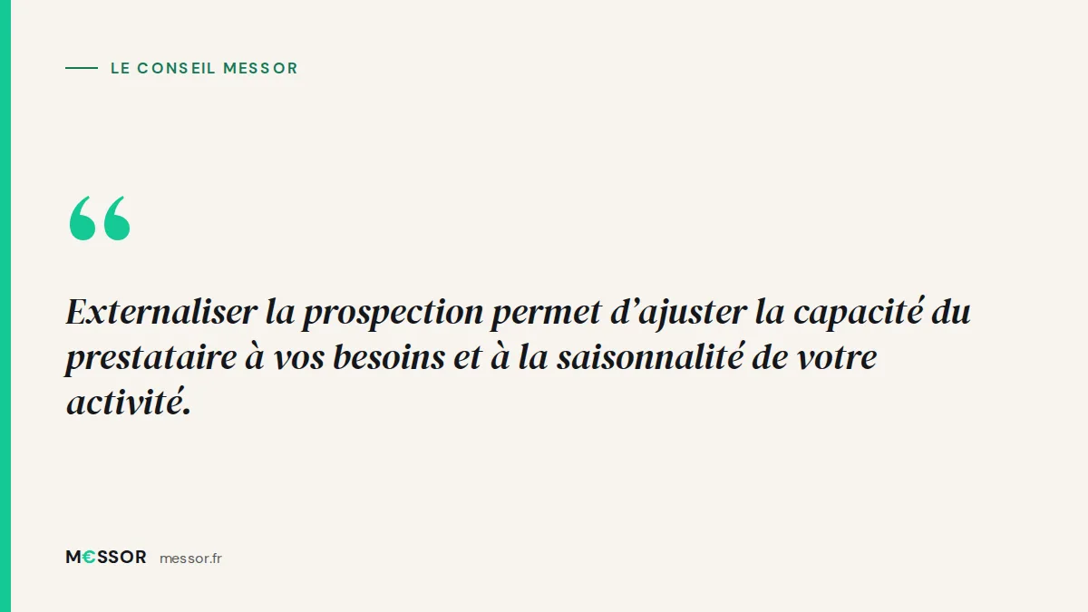 Le conseil Messor : Externaliser la prospection permet d’ajuster la capacité du prestataire à vos besoins et à la saisonnalité de votre activité.