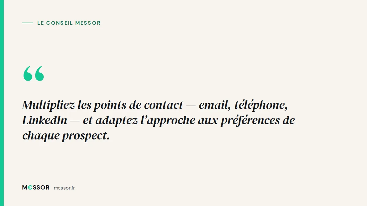 Le conseil Messor : Multipliez les points de contact — email, téléphone, LinkedIn — et adaptez l’approche aux préférences de chaque prospect.