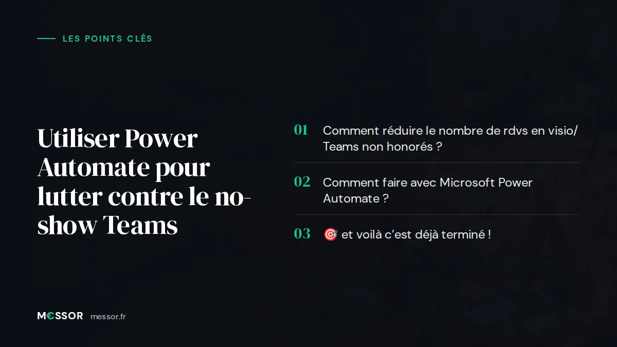 Infographie : les 3 points clés de l’article « Utiliser Power Automate pour lutter contre le no-show Teams »