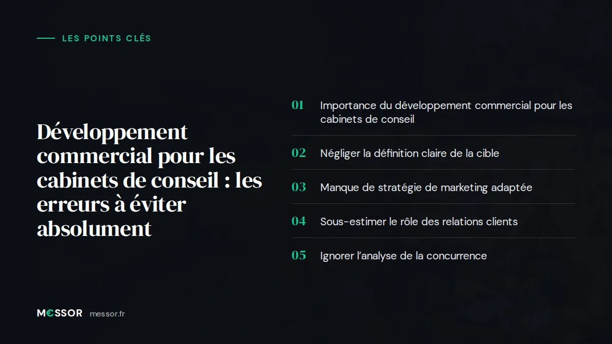 Infographie : les 5 points clés de l’article « Développement Commercial pour les Cabinets de Conseil : Les Erreurs à Éviter Absolument »