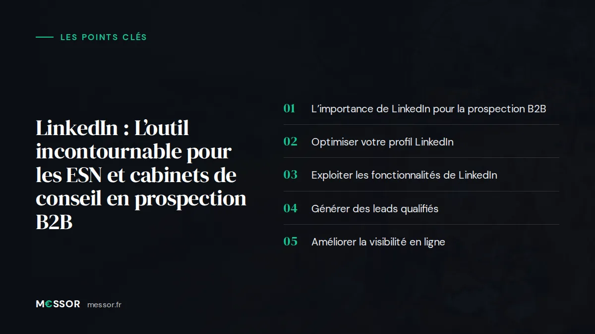 Infographie : les 5 points clés de l’article « LinkedIn : L’Outil Incontournable pour les ESN et Cabinets de Conseil en Prospection B2B »