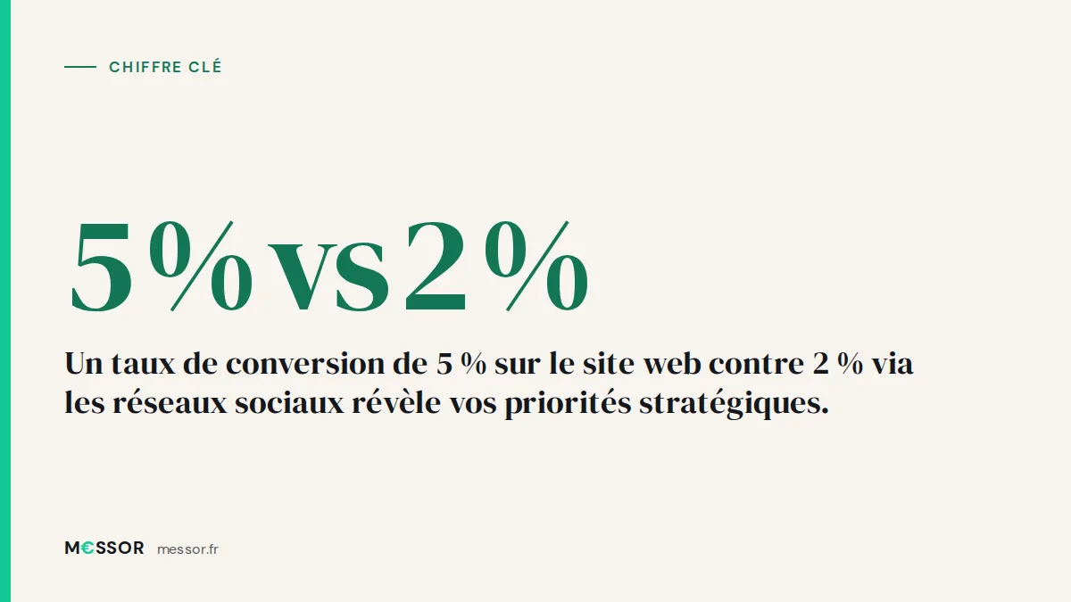 Chiffre clé : Un taux de conversion de 5 % sur le site web contre 2 % via les réseaux sociaux révèle vos priorités stratégiques.