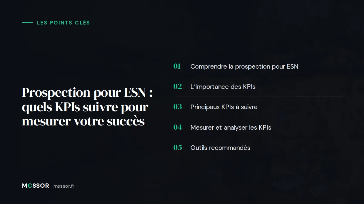 Infographie : les 5 points clés de l’article « Prospection pour ESN : Quels KPIs Suivre pour Mesurer Votre Succès »