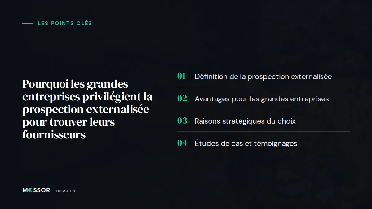 Infographie : les 4 points clés de l’article « Pourquoi les Grandes Entreprises Privilégient la Prospection Externalisée pour Trouver leurs Fournisseurs »