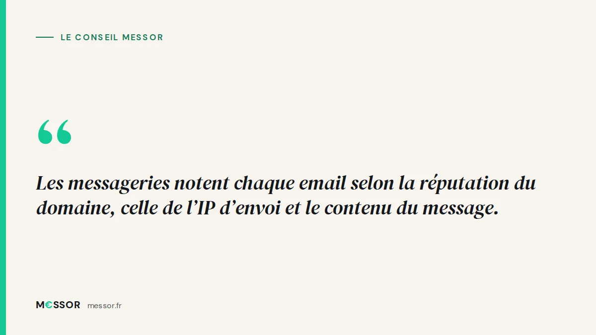 Le conseil Messor : Les messageries notent chaque email selon la réputation du domaine, celle de l’IP d’envoi et le contenu du message.